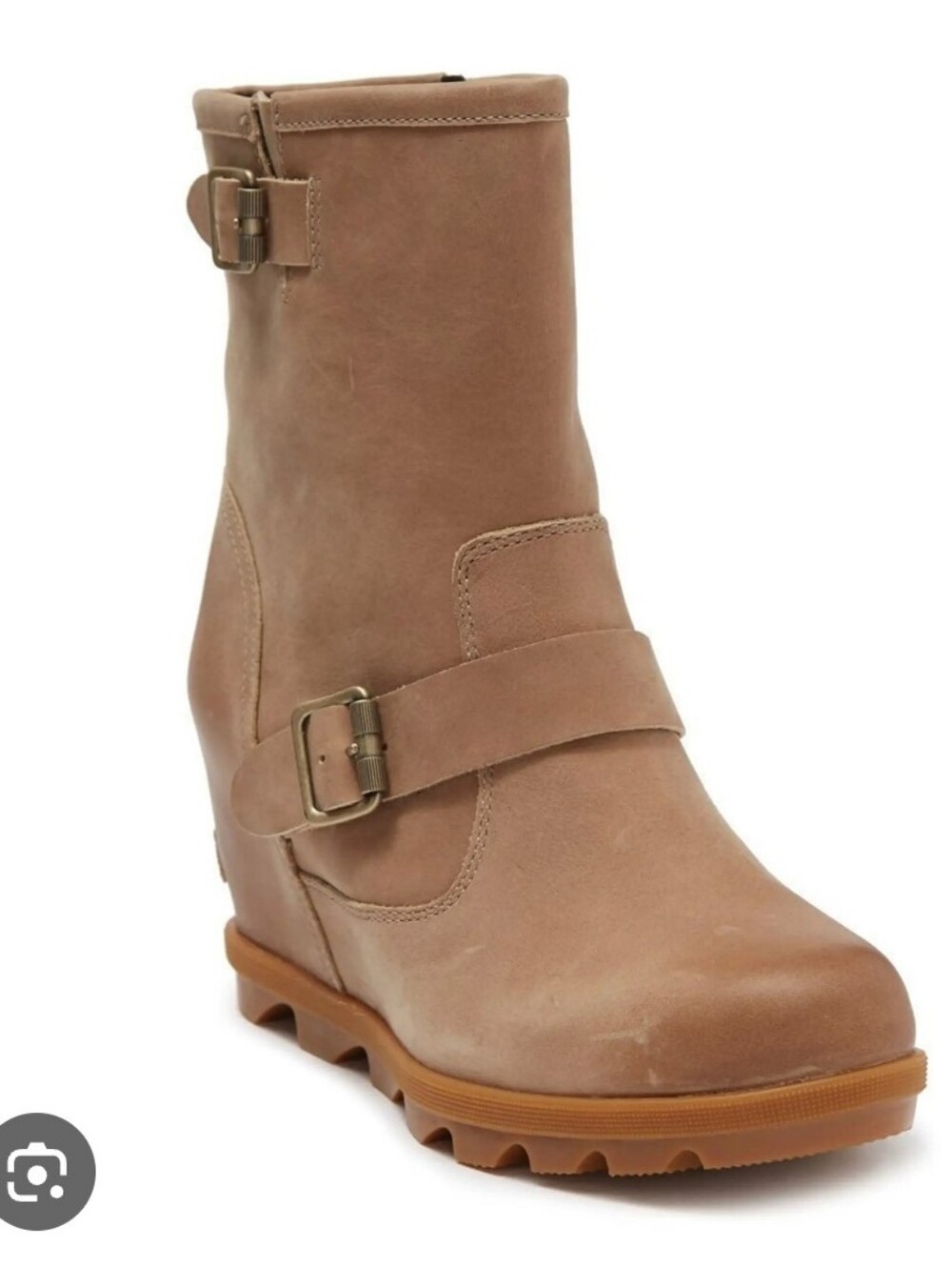 Sorel Joan Of Arc Taupe Wedge Ankle Boots with Buckle Straps 5.5